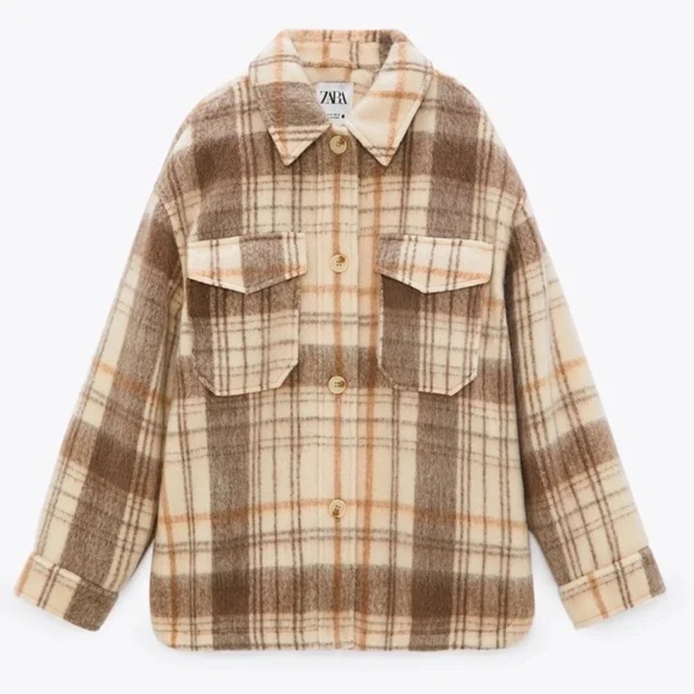 Zara Plaid Beige Jacket/Over-shirt Flannel Button Up Shacket, Size Small